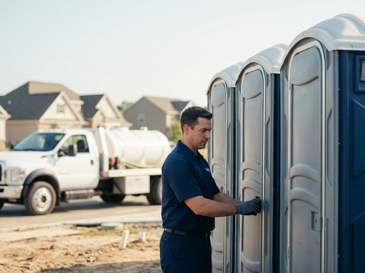 Technician servicing a row of portable restrooms on a residential construction site