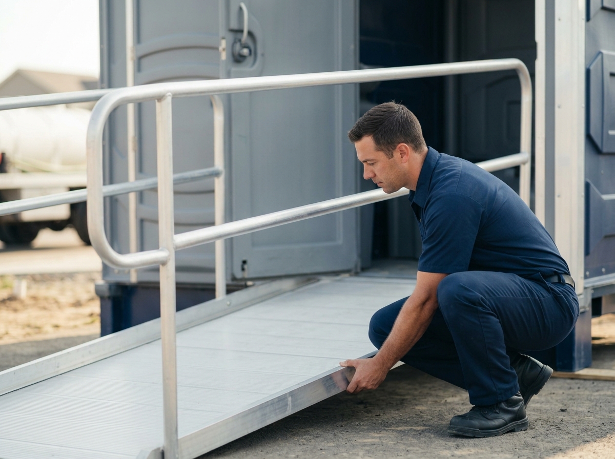 Technician checking the ramp of an ADA-accessible portable restroom