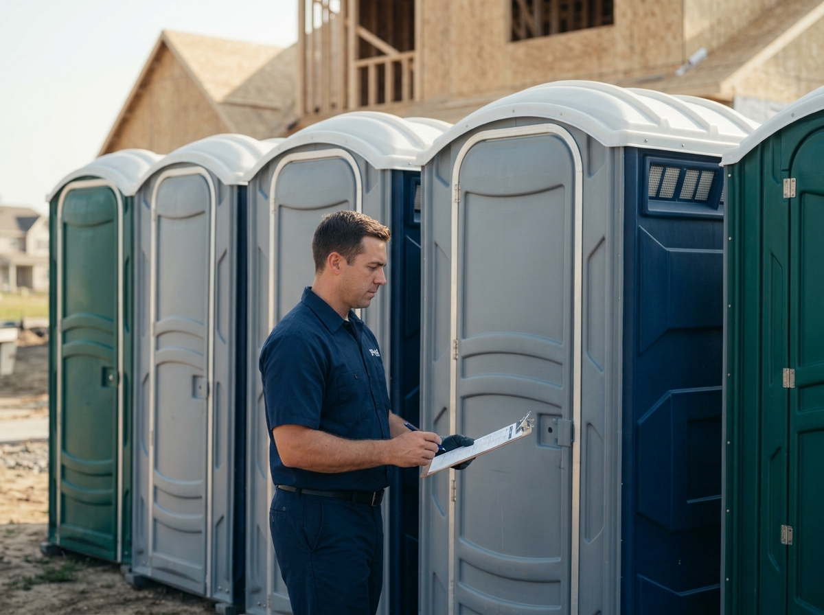 Row of standard portable toilets at a construction site with a technician checking a clipboard