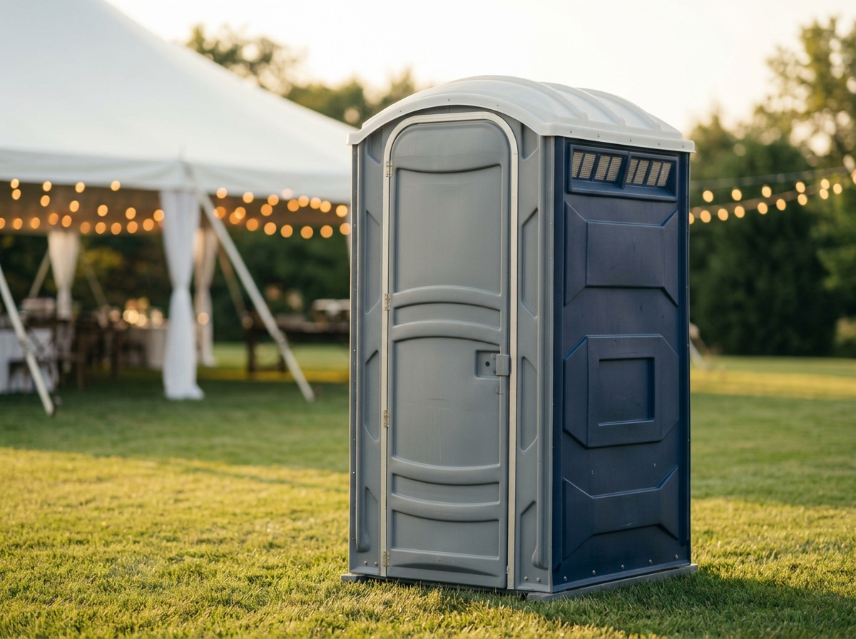 Deluxe portable restroom set up at an outdoor wedding tent with string lights