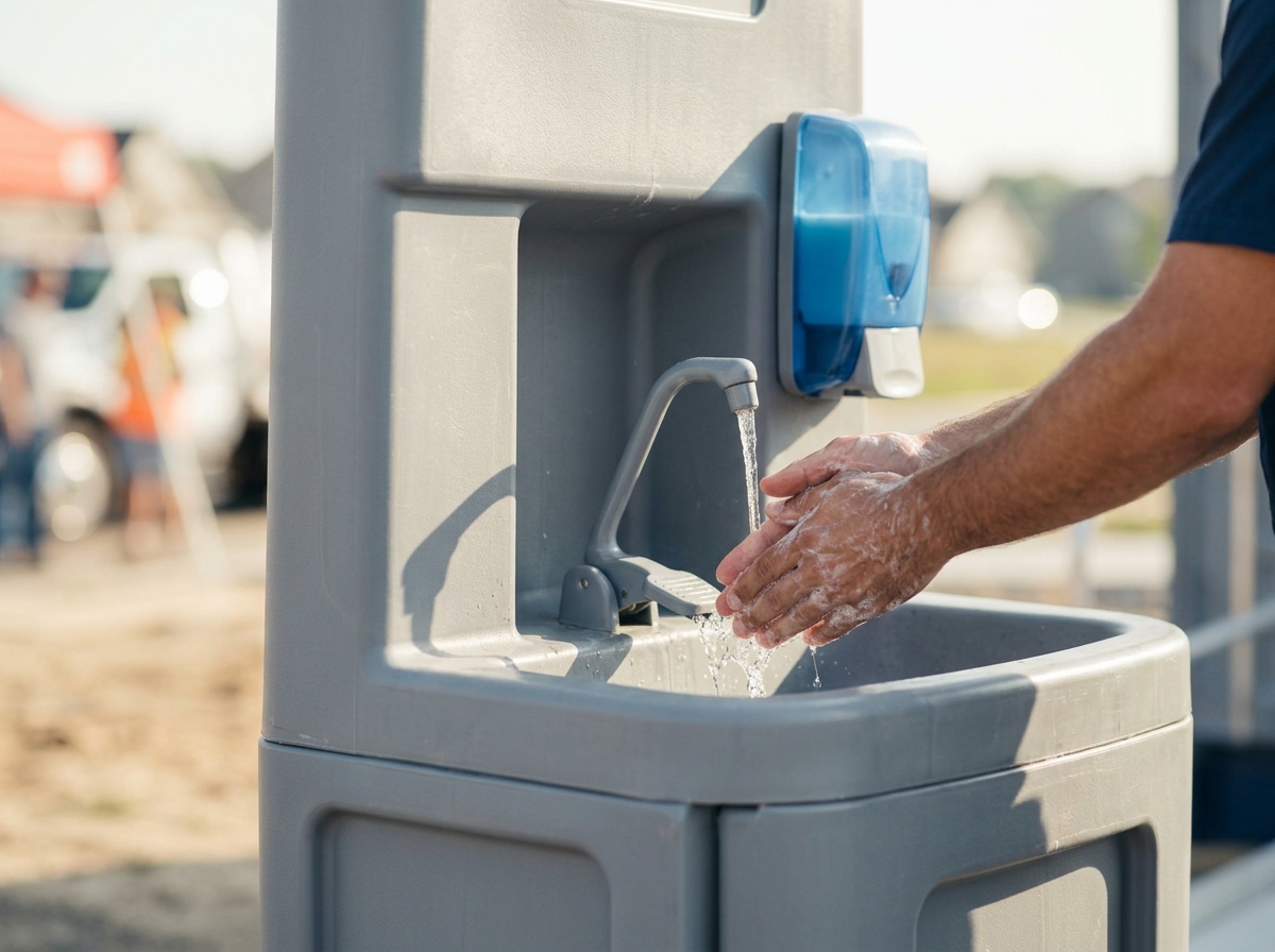 Close-up of hands being washed at a portable handwashing station